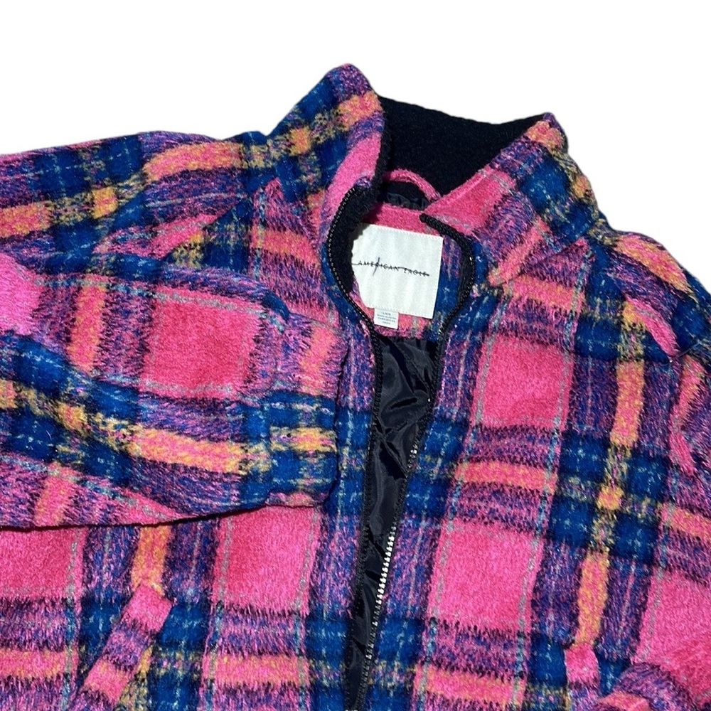 American Eagle Plaid Bomber Jacket Womens Large Pink Blue Excellent Wool Blend